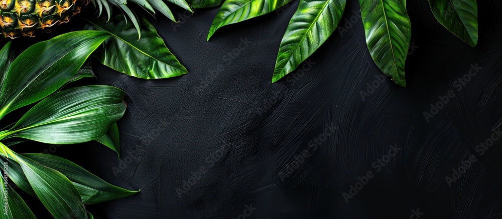 Poster pineapple with green leaves in close-up on a black backdrop with copy space image.