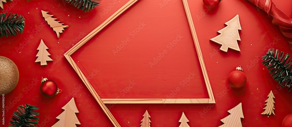 Aufkleber a festive new year's theme with wooden christmas tree ornaments on a vibrant red backdrop, featuring