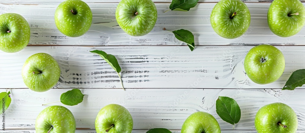 Poster fresh green apples arranged on a white wooden surface for text placement in a flat lay copy space im