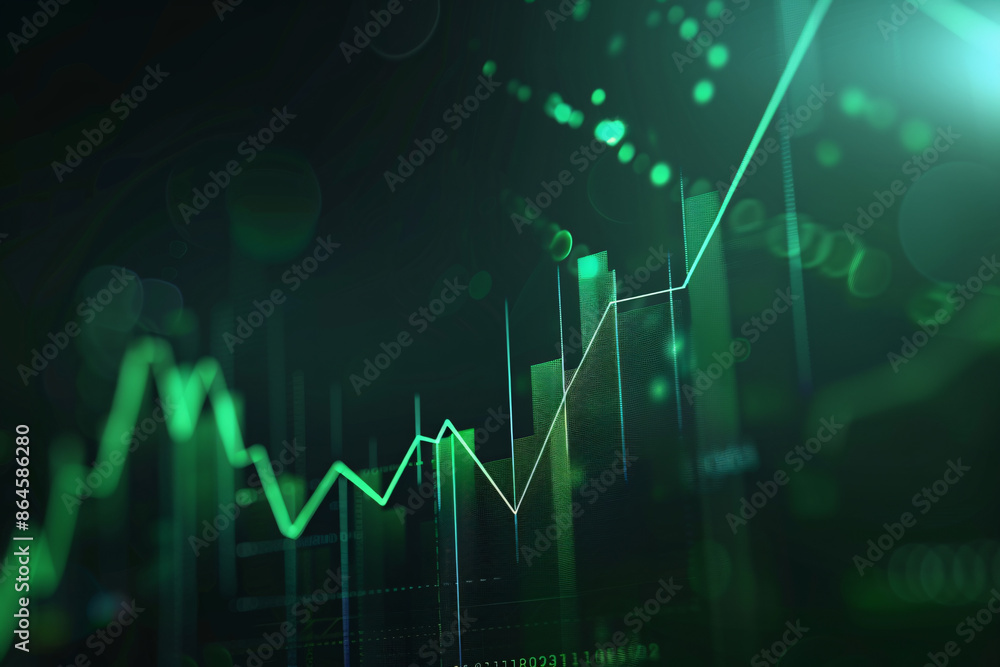 Poster a green financial growth chart with rising lines and data points on a dark background