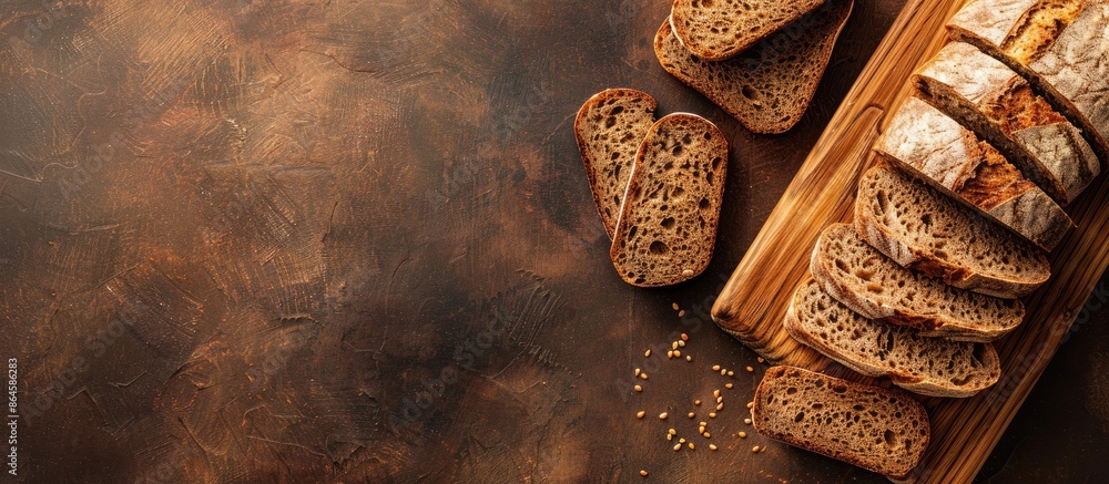 Poster flat lay of wholemeal rye bread slices on a cutting board with copy space image.