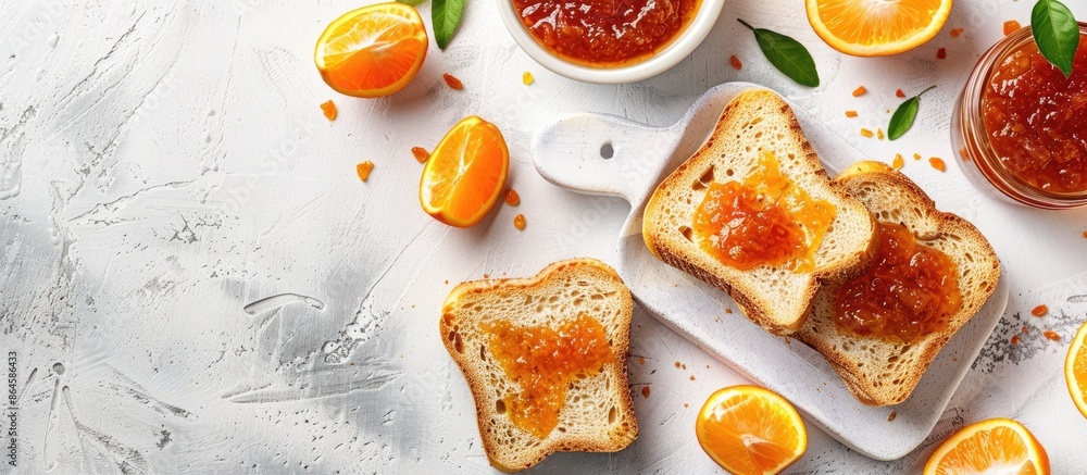 Poster delicious toasts with tangerine jam on a white backdrop showcasing ample copy space image.