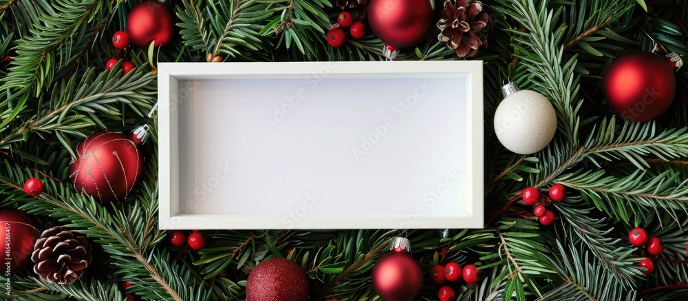 Poster christmas decorations arranged on pine tree branches in a flat lay style, featuring an empty white f