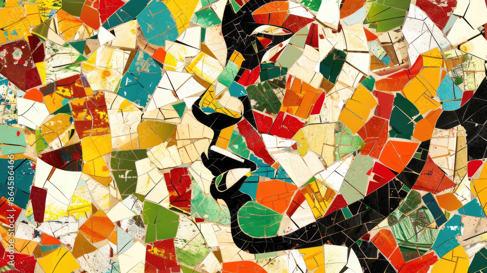 Poster a close-up, abstract portrait of a womans face formed by colorful, broken tiles. the mosaic artwork 