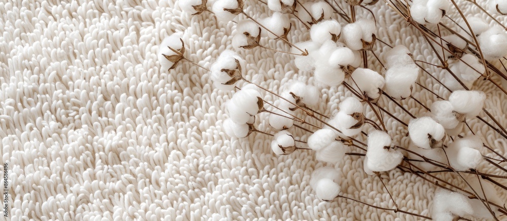 Aufkleber top view of fluffy cotton flowers on a beige terry towel, with room for text in the image. copy spac