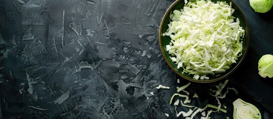 Obraz premium Fresh chopped cabbage on a black background, white cabbage on a green plate, with a spacious image area, viewed from above; minimalist setup including dark boards, focusing on vegetarian food