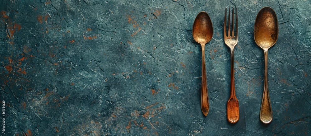 Poster table setting with fork and spoon on a background featuring a copy space image.