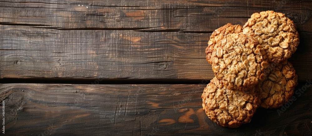 Aufkleber oat cookies arranged decoratively on a rustic wooden table with copy space image available.