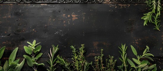 A variety of fresh Italian herbs like rosemary, oregano, and sage displayed on a rustic wooden surface with a black ornate backdrop, viewed from above, including space for text or images