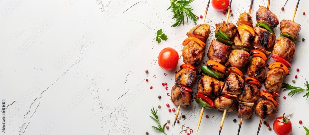 Aufkleber top view of skewered grilled pork kebabs on a white surface with space for text. variety of meat ske