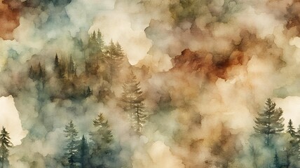 Watercolor background depicting a forest with trees and earth-tone landscapes, inspired by nature's colors, creating a serene and natural artistic composition.