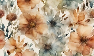 Watercolor flower background featuring earth-tone colors inspired by nature, creating a harmonious and serene visual representation of natural beauty and tranquility.