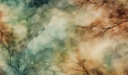 Watercolor background featuring dried trees and branches in earth-tone landscapes, inspired by nature's colors, evoking a serene and natural artistic representation.
