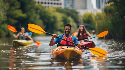 Friends kayaking on a sunny urban river, enjoying refreshing water and exploring the scenic city.