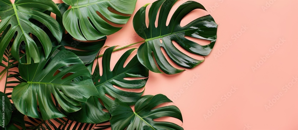 Canvas Prints Monstera leaves set against a pastel pink backdrop with ample copy space image.