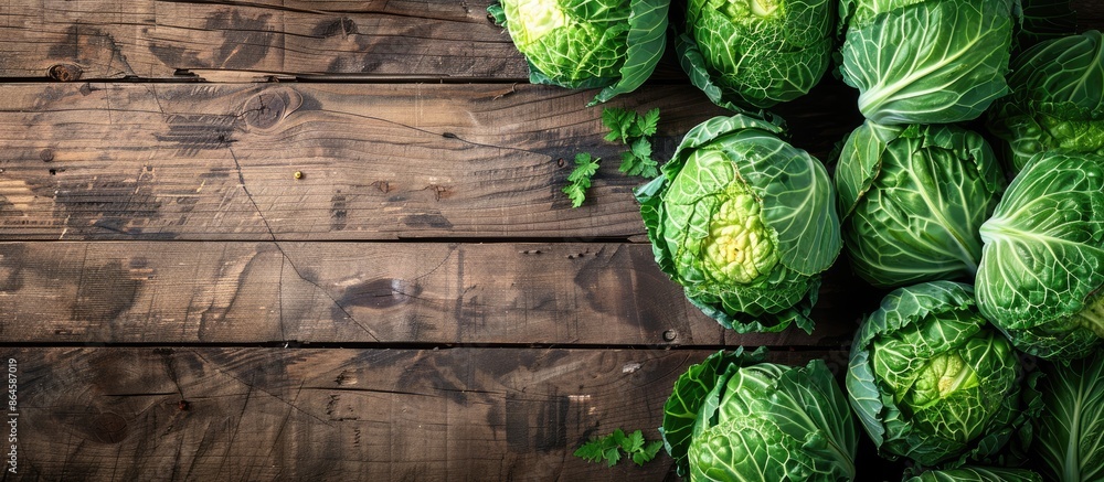 Poster cabbage displayed on a wooden surface with copy space image.