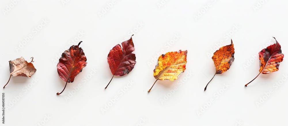Poster autumn leaves in various stages of aging, displayed on a white backdrop in a circular formation, cre