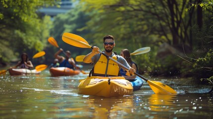 Friends kayak on a pristine urban river, enjoying clear waters and the beautiful cityscape, filled with laughter.