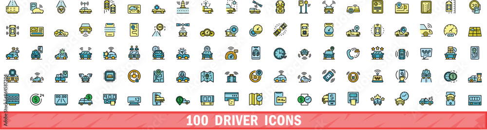 Poster 100 driver icons set. color line set of driver vector icons thin line color flat on white