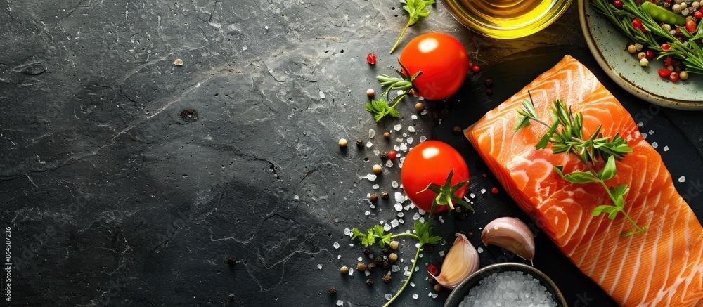 Poster raw salmon fillet surrounded by cooking ingredients on a dark stone surface, captured in a close-up 
