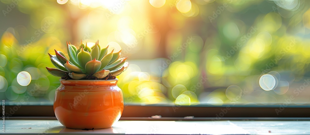 Poster copy space image of succulent plants in a small orange pot on a table by a window, with sunlight cre