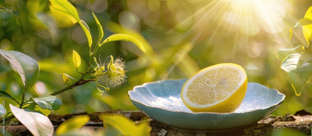 Poster a summery scene with a yellow lemon slice on a blue saucer against a green backdrop with sunlight fi