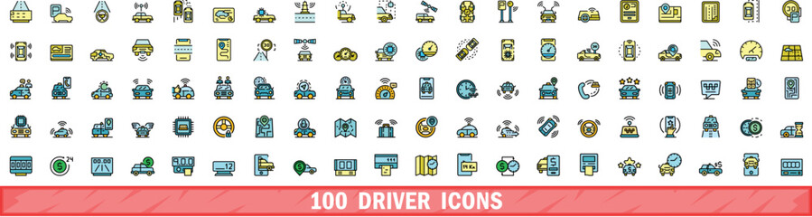 100 driver icons set. Color line set of driver vector icons thin line color flat on white