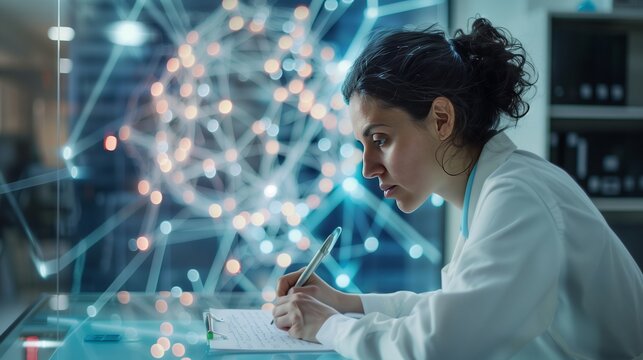 A researcher writes equations on a glass board, with a neural network illustration showcasing intellect and tech.