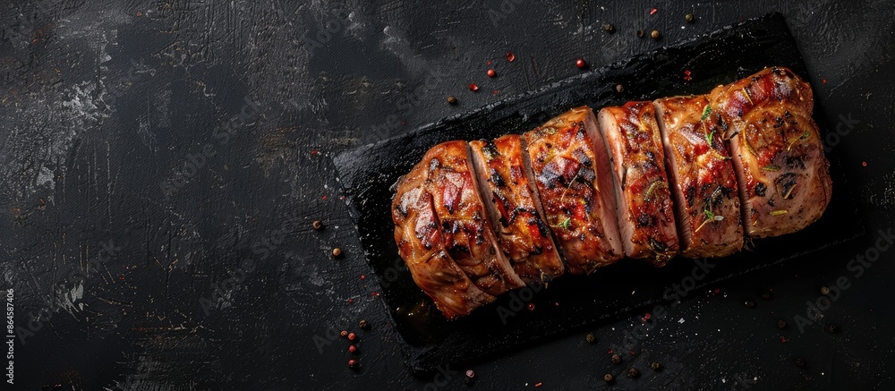 Poster top view image of an entire roasted pork tenderloin for barbecue on a black background with space fo