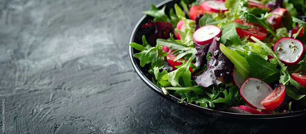 Poster fresh vegetarian salad with radish on a table with a copy space image.