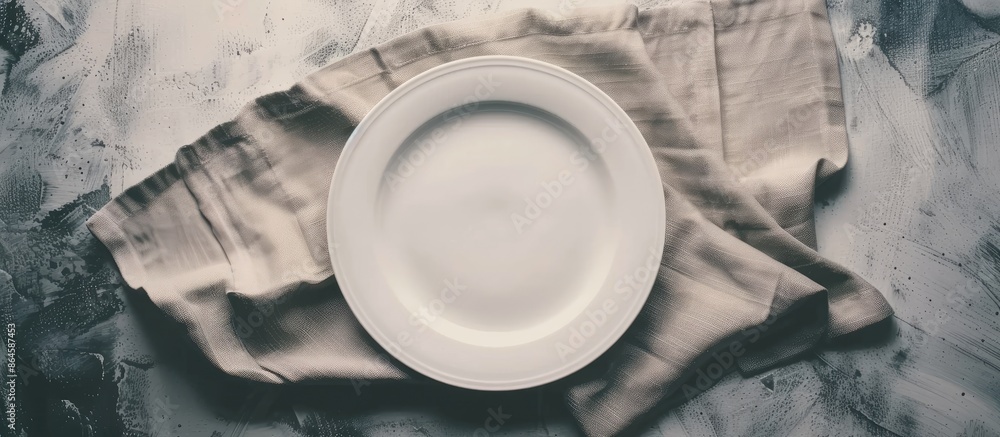 Poster top-down view of an empty white plate on a gray napkin with a toned background for a copy space imag