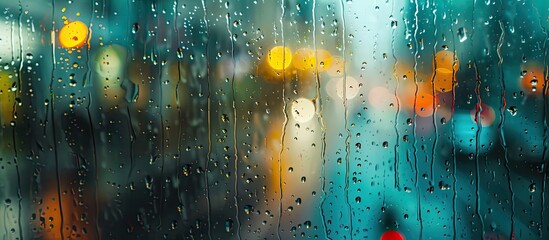 Raindrops on window glass with a hashtag, set against the urban backdrop, creating a striking copy space image.