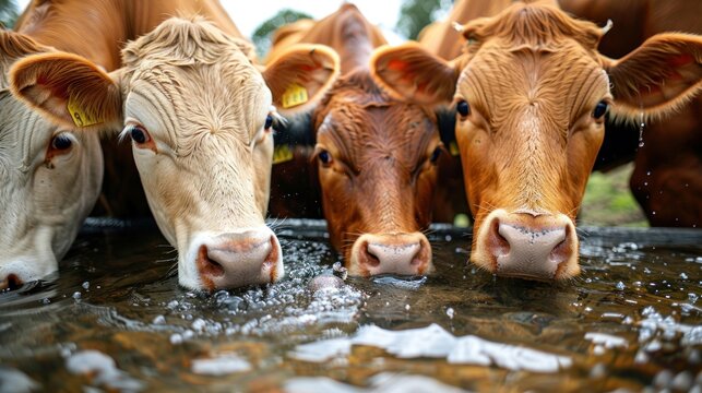 A group of cows drinking from a concrete water trough in a lush green setting.