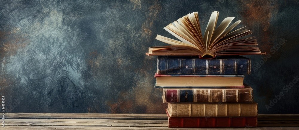 Poster back to school vibes with a stack of hardback books placed on a wooden table, featuring an open book