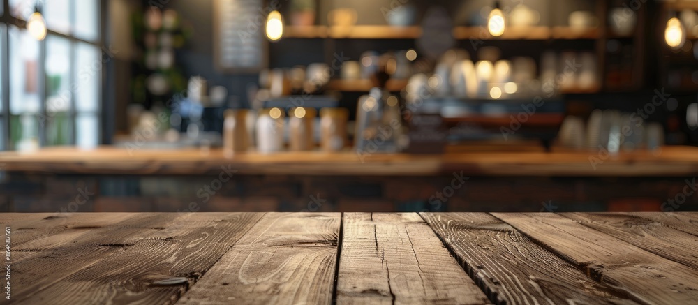 Poster utilize this image of an empty wooden table with a blurred coffee shop background for your product d