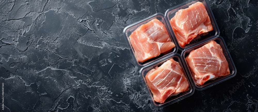 Poster packaged pork cuts for grilling, baking, or frying, displayed in plastic containers on a dark stone 
