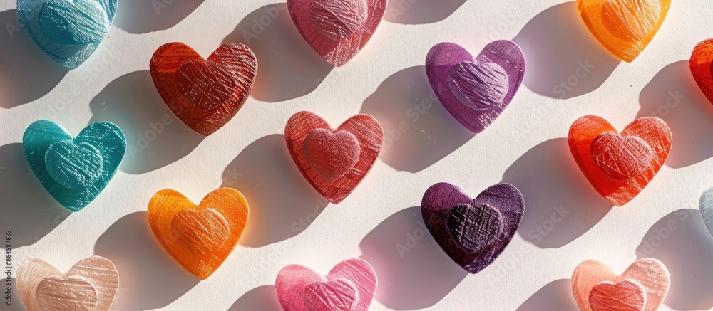 Poster Colorful heart shapes crafted from textured velvet paper on a white backdrop, accentuated by interplay of sunlight casting shadows, serving as an abstract background with room for text or design