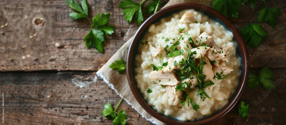 Poster top view of a delectable chicken risotto on a rustic wooden table with ample copy space image.
