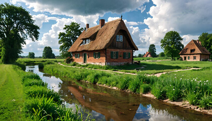 Obraz premium Maison de campagne au bord du ruisseau sous un ciel nuageux