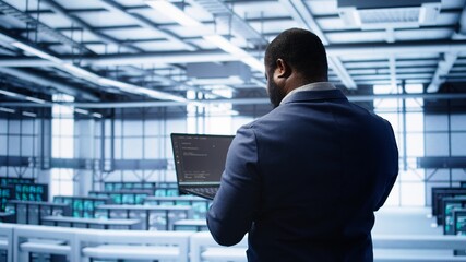 African american admin in data center running error checking utilities on tablet to fix hardware...