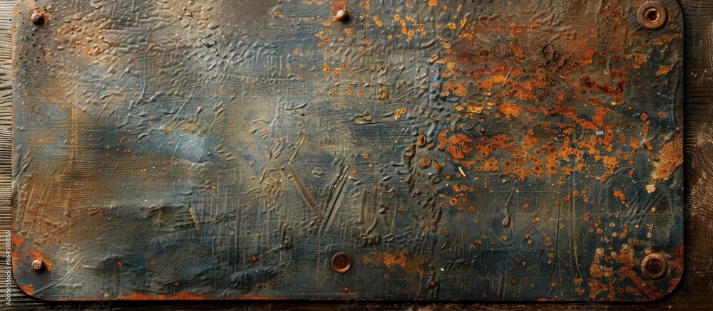 Poster a weathered steel plate with rust spots on it set against a plain background offering ample blank sp