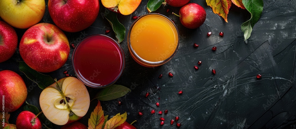 Poster close-up of two glasses with different fruit juices on a black backdrop, surrounded by slices of rip