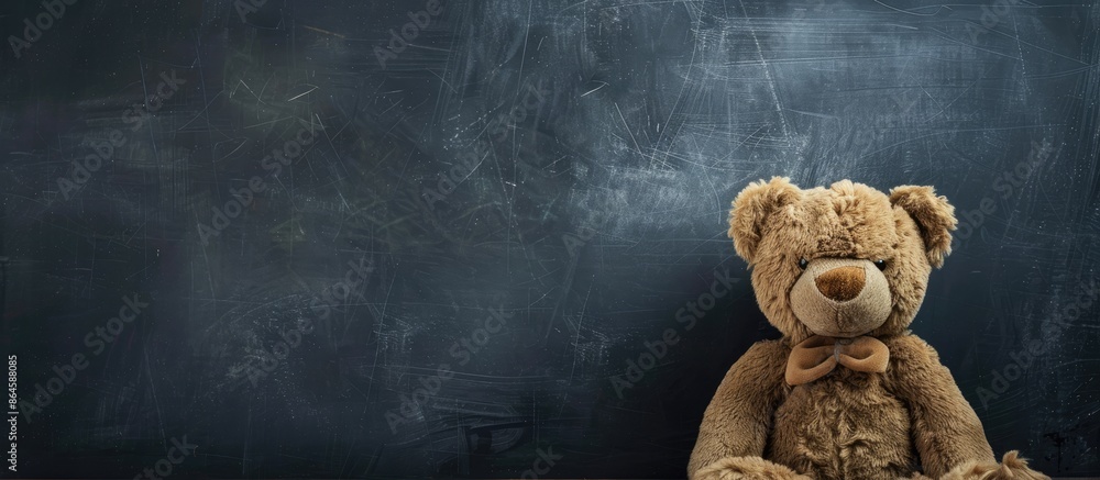 Poster in the background of a blackboard, there is a brown teddy bear with a blank space for content. copy 