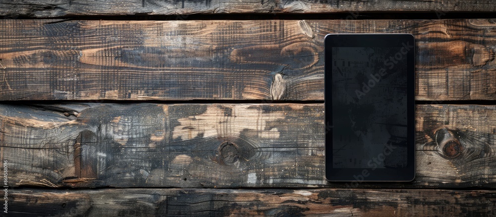 Poster digital tablet placed on an aged wooden desk with a blank screen for copy space image.