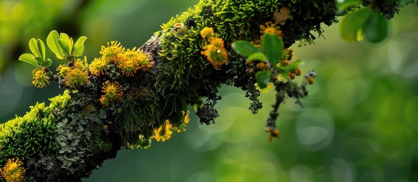 Moss in shades of yellow and green thrives on a tree branch in a lush forest setting, providing a serene background for a copy space image.
