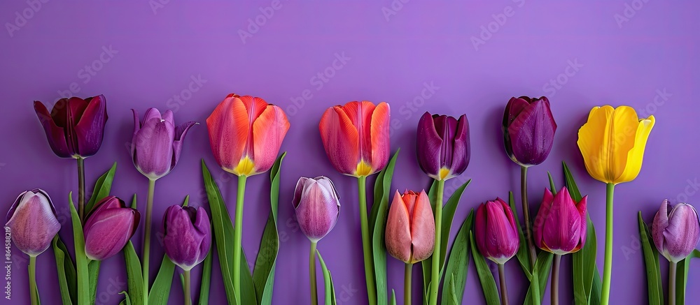 Aufkleber lilac background with vibrant tulips creating a copy space image.