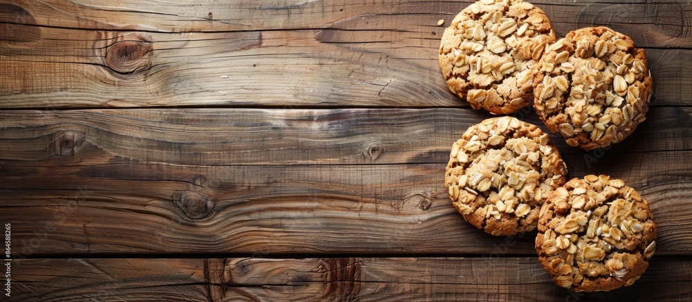 Poster oat cookies arranged attractively on a rustic wooden table with ample copy space image available.