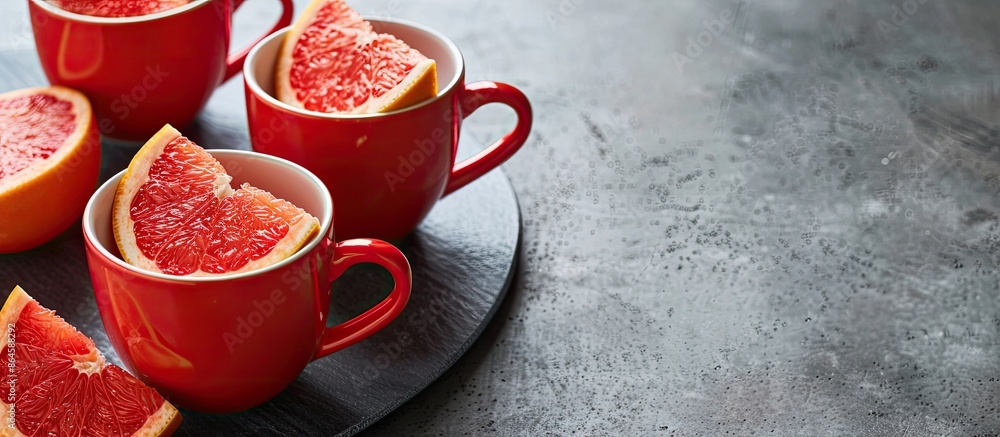 Poster close-up view of bright red mugs with sliced grapefruit on a gray concrete backdrop, offering ample 