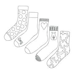 Collection of cute doodle socks in a naive style. Coloring book. Simple sketchy doodle style.