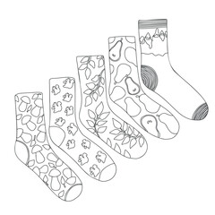 Collection of cute doodle socks in a naive style. Coloring book. Simple sketchy doodle style.